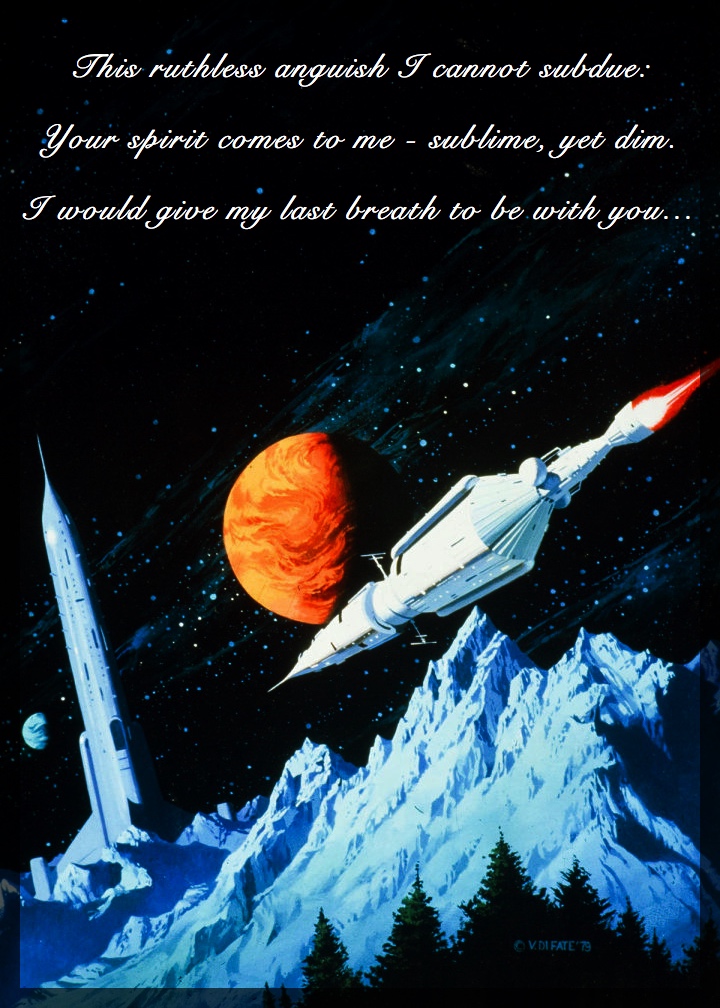 The Demu Trilogy by VINCENT DI FATE
This digital painting captures a spaceship approaching a high tower on a planet similar to Earth.  There are gigantic mountains and trees on the surface.