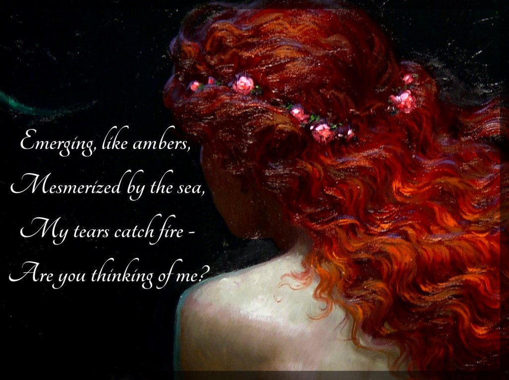 Mermaid by Victor Nizovtsev. This is a portrait of a red-haired girl. Only her bare back is visible to the viewers, as she is looking away into the dark. A garland of roses is woven into her wavy hair.
