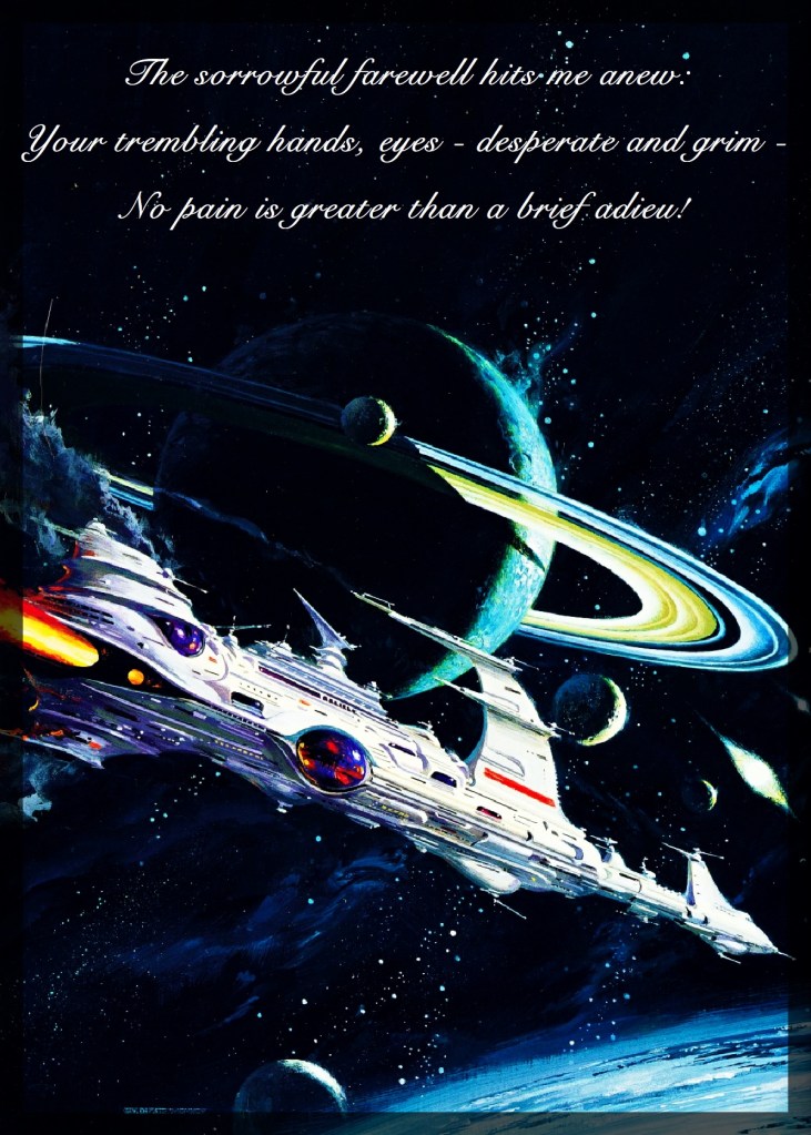 All One Universe (1995) by VINCENT DI FATE
In this picture, a spaceship is flying near Saturn, coming close to an unknown planet. There are hundreds of stars and galaxies in the background.