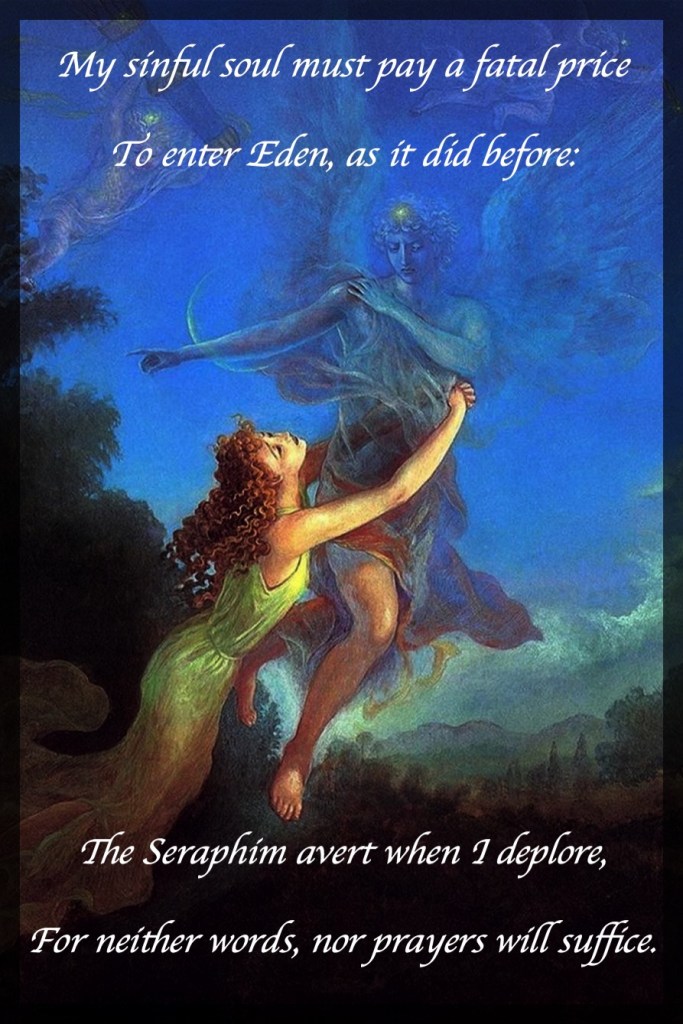 Cupid and Psyche by Kinuko Y Craft. This picture portrays a curly-haired woman in a flowing dress, desperately clasping her arms around a semi-transparent vision of an angel. The angel gestures her to go away, as he ascends into Heaven. There are cupids and clouds in the background.