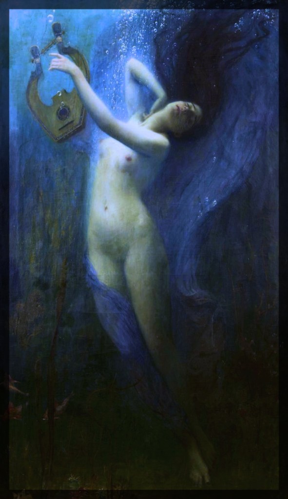 This portrait version of the Ancient Greek Poetess Sappho has her under water among the sea plants as she slowly drowns, with a Lyre floating by her left hand.