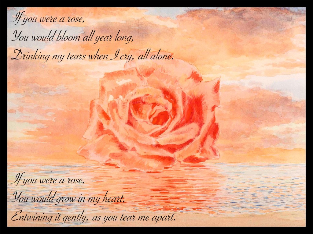 This surreal image portrays the ocean ic beach at sunset. Instead of the sun, there is a large rose, which seems to float on the waves.