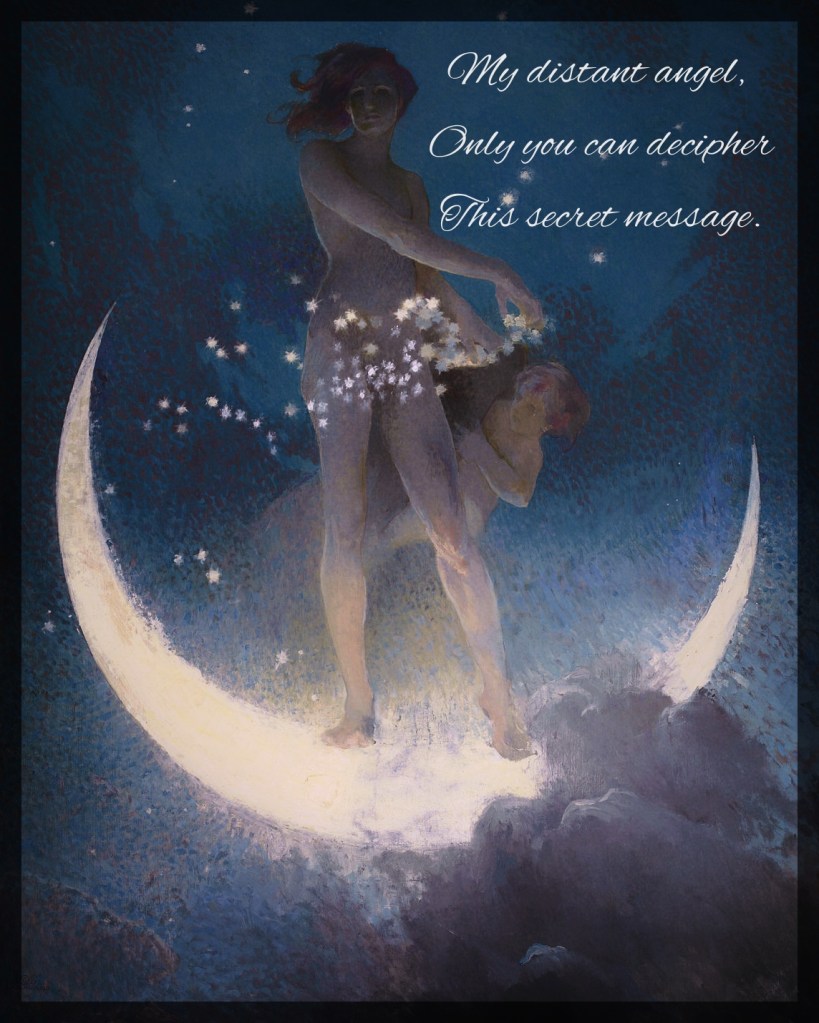 This is a 1927 painting by Edwin Blashfield. It is an allegory of spring in which a female nude representing spring stands on a crescent moon, with an angel watching behind her. She is scattering stars throughout the cloudy sky.