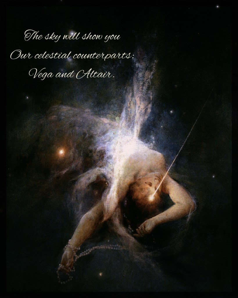 This painting depicts a nude woman falling through space, like a shooting star.Her body radiates light, and there is a string of pearls around her wrist.