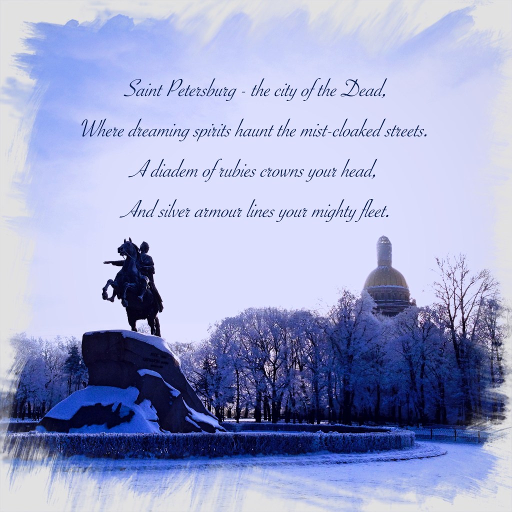 Snowy landscape with a statue of Peter the Great, the first Russian Emperor, covered by snow.