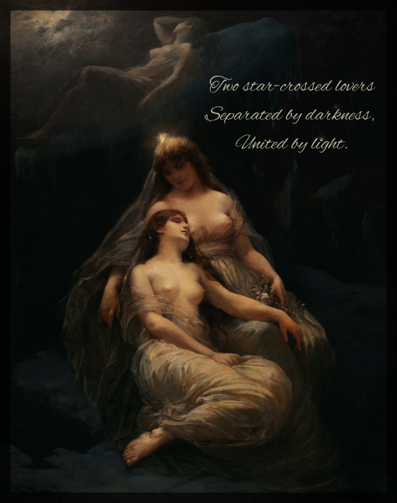 This artwork is an allegory of winter. It portrays two women in light semi-transparent garments. The younger woman seems to have fallen asleep on her friend's shoulder.