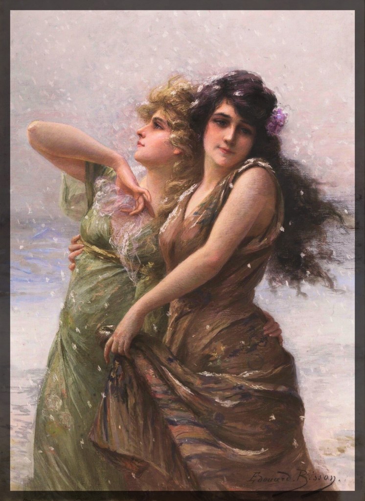 Two women embracing in a snowstorm, a painting by Édouard Bisson called "Winter."